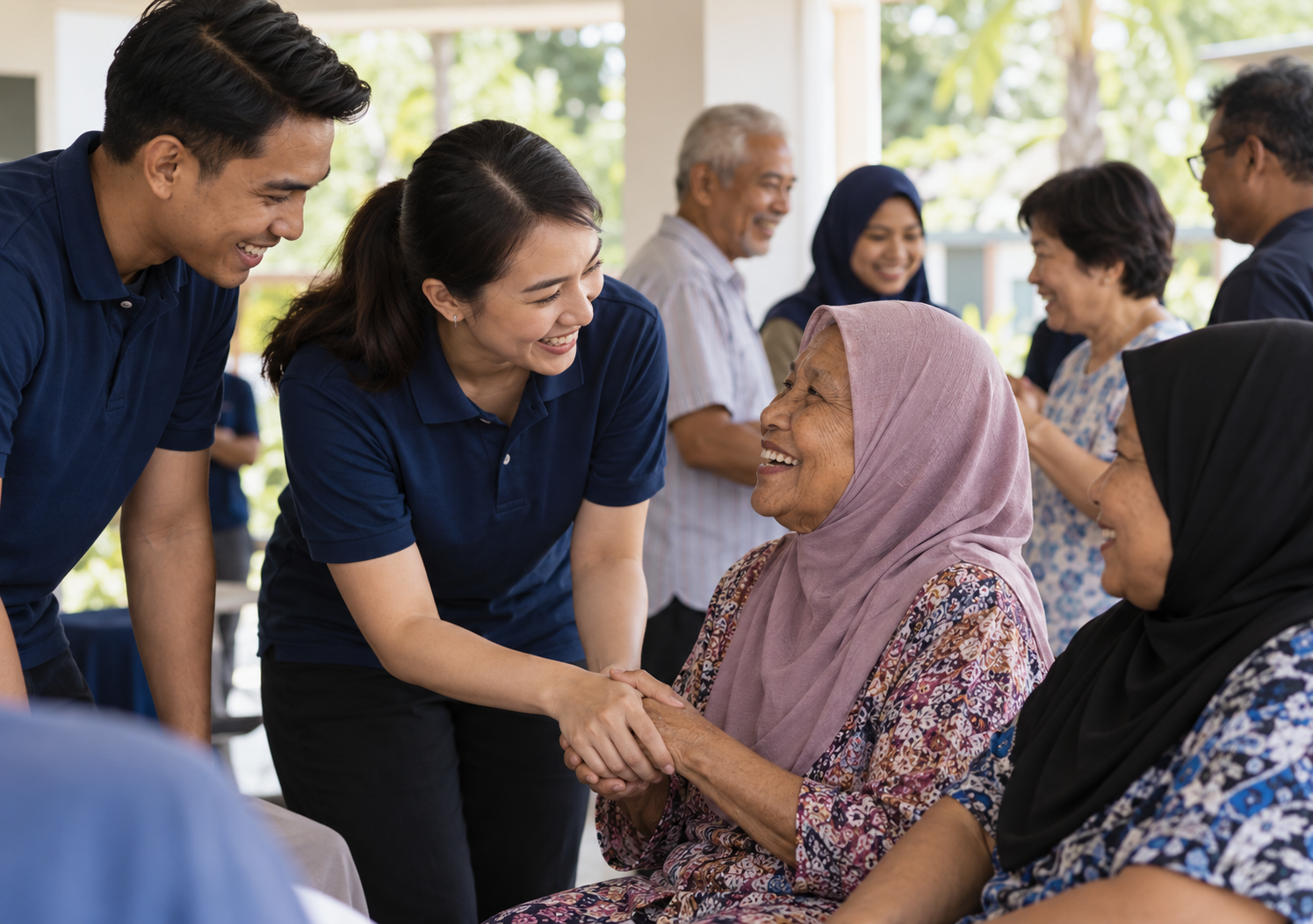 Volunteers and residents greeting one another at a community center