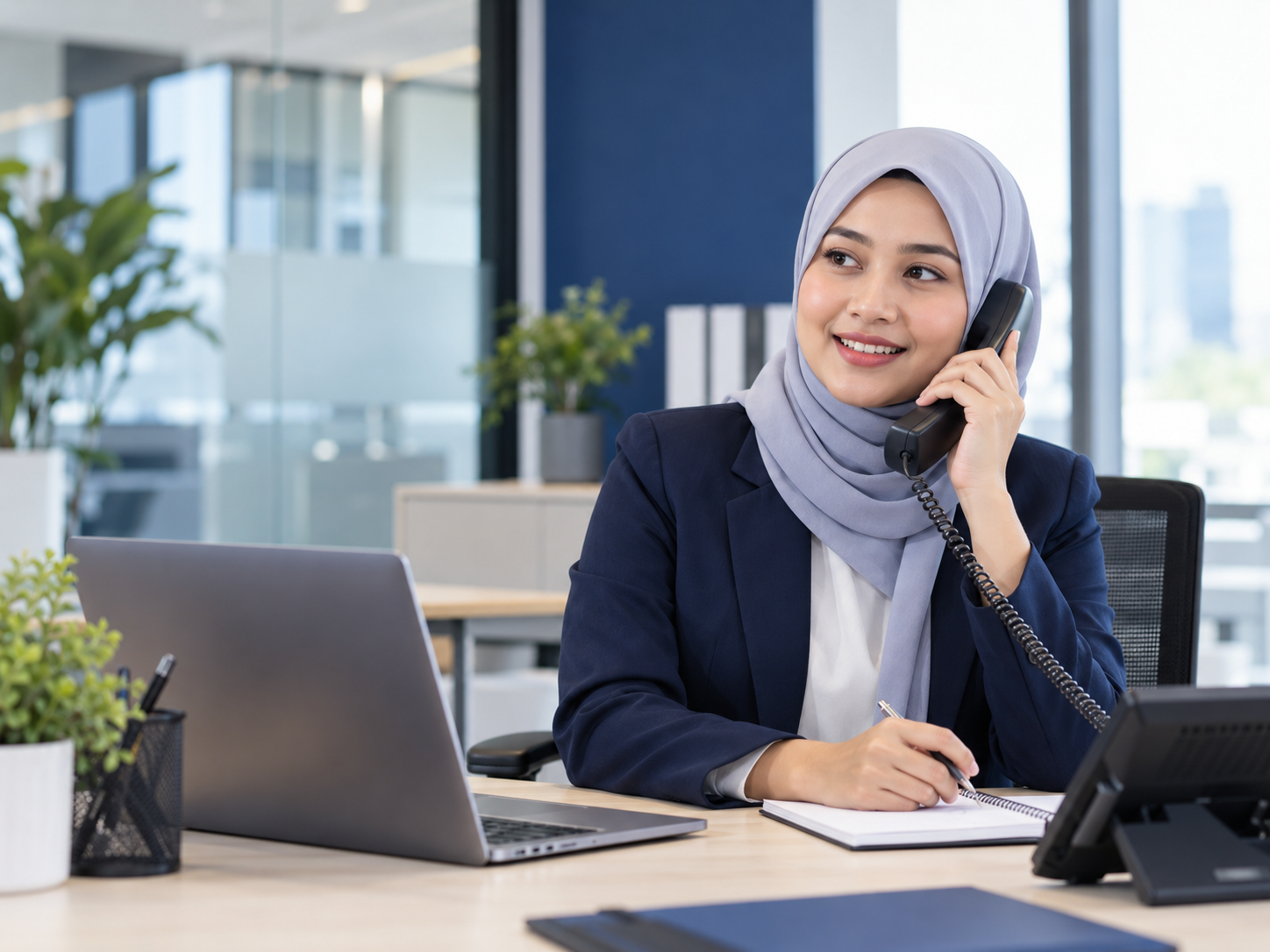 Malay employee answering a phone call in a modern office