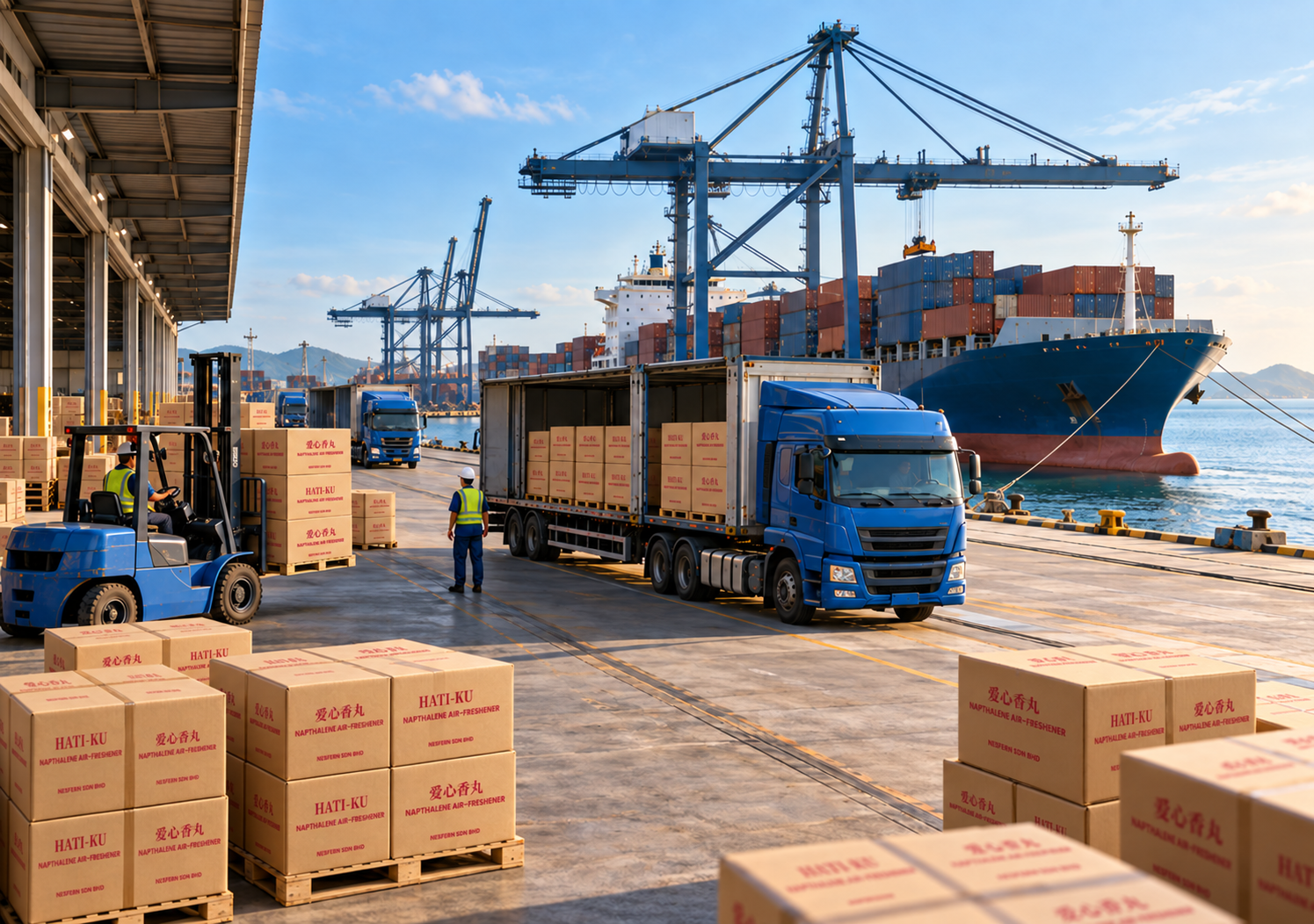 Hati-Ku labelled cartons moving through a regional port logistics hub