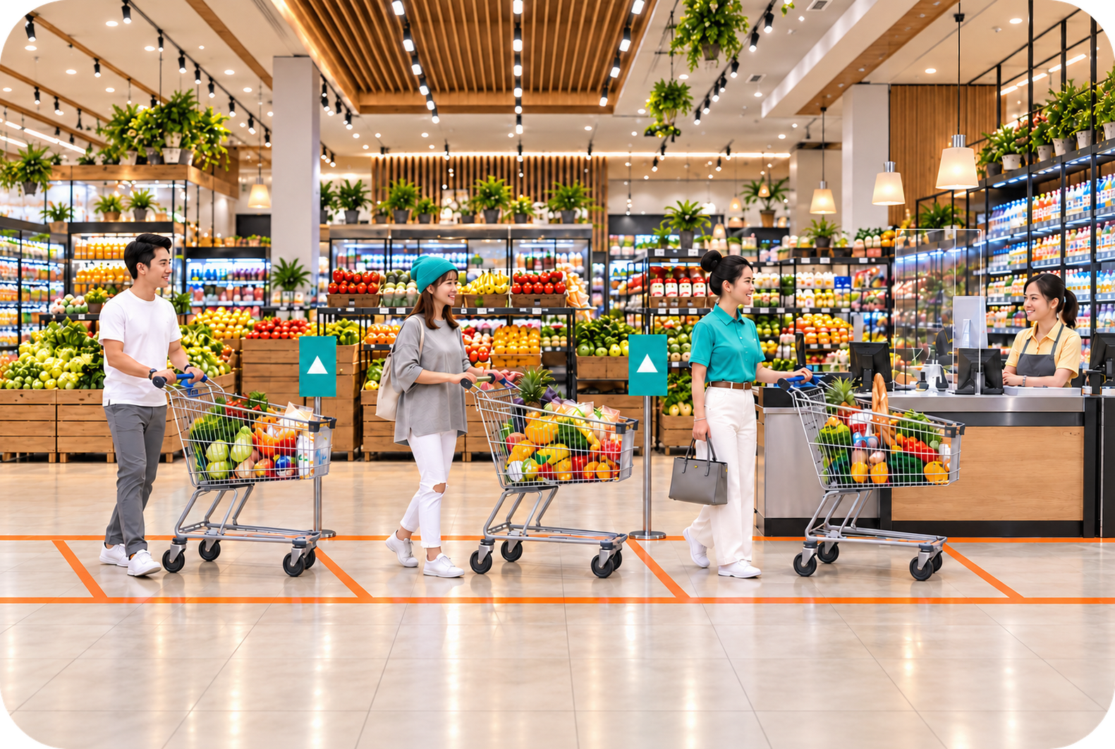 Shoppers and a cashier inside a supermarket