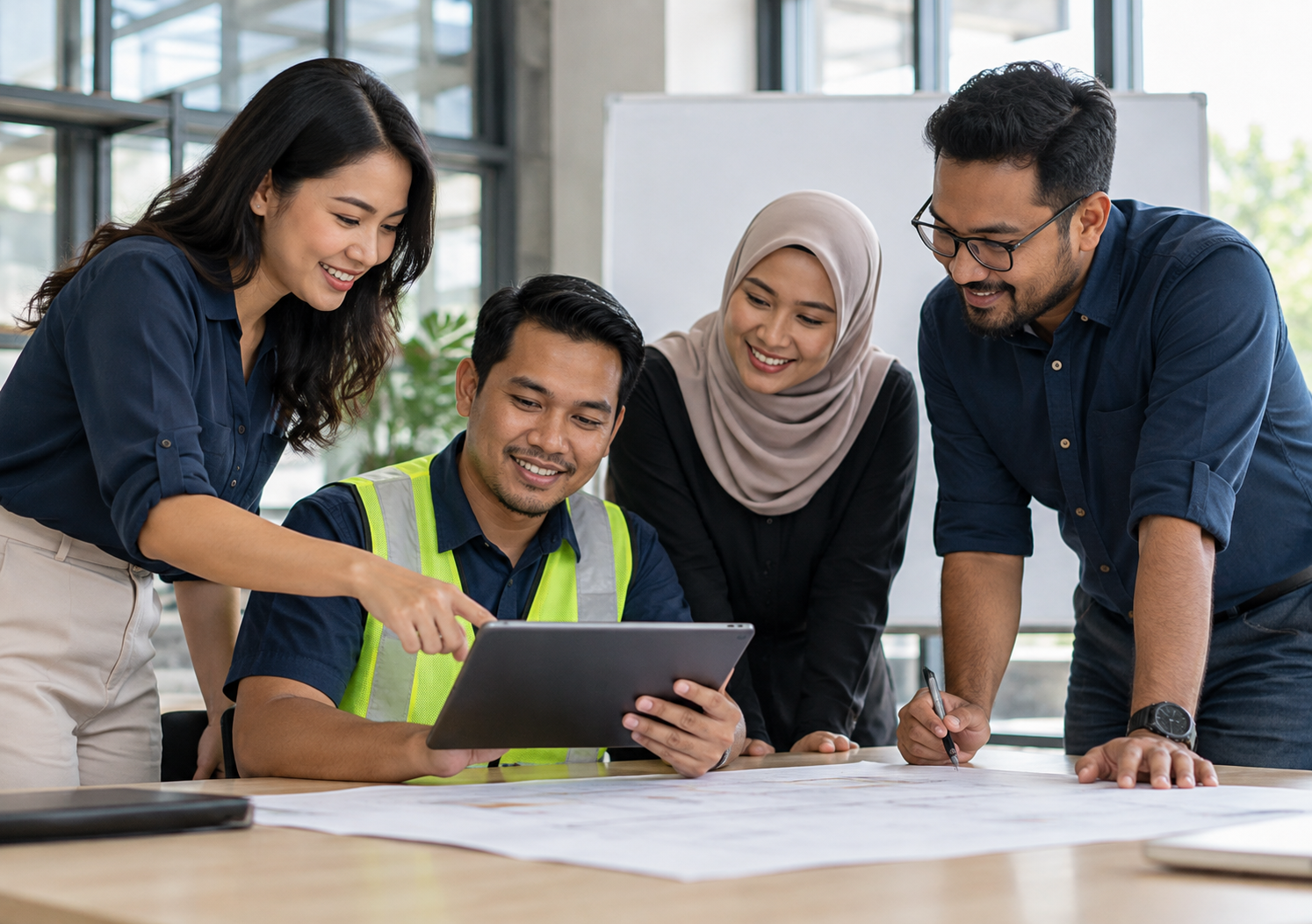 Colleagues planning together around a tablet
